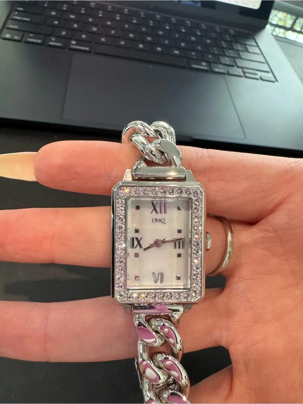 DMQ Vintage Ladies Rectangular CZ Crystal Watch with Silver Cuban Chain Link Ban